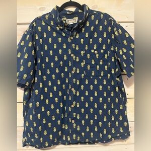 Duluth Trading Short Sleeve Mens XL Blue Pineapple Relaxed Fit Button Down